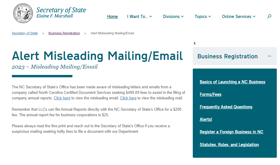 Scam North Carolina Certified Document Services