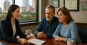 A compassionate female attorney sits across from a middle-aged couple in a warm, modern law office. The couple appears emotional as they review documents together. Behind them, large windows reveal a softly blurred view of the Raleigh, North Carolina skyline. A North Carolina law diploma and local maps are framed on the wall, while a closed laptop, unlabeled papers, and two coffee mugs rest neatly on the polished wooden desk.