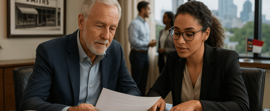 An older white male business owner and a younger biracial woman sit at a polished wooden conference table, reviewing documents together in a bright modern office with the Raleigh skyline visible in the background.