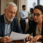 An older white male business owner and a younger biracial woman sit at a polished wooden conference table, reviewing documents together in a bright modern office with the Raleigh skyline visible in the background.
