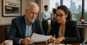 An older white male business owner and a younger biracial woman sit at a polished wooden conference table, reviewing documents together in a bright modern office with the Raleigh skyline visible in the background.