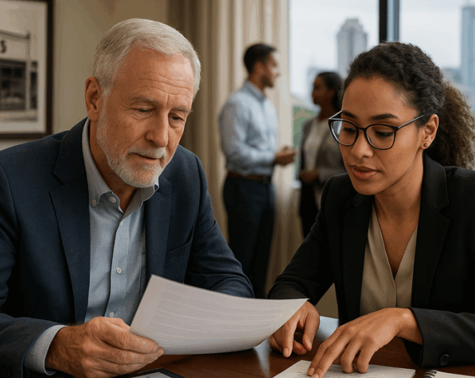 An older white male business owner and a younger biracial woman sit at a polished wooden conference table, reviewing documents together in a bright modern office with the Raleigh skyline visible in the background.