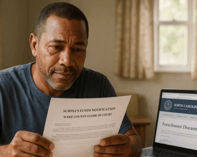 A middle-aged African American man sits at a kitchen table reading a document titled “Surplus Funds Notification – Wake County Clerk of Court.” He looks cautiously hopeful. A laptop beside him displays the North Carolina Courts website with a page about foreclosure documents. Also on the table are a manila envelope labeled “Foreclosure Documents,” a set of house keys, and additional paperwork. Natural morning light filters through the window behind him, casting soft shadows in the modest home.